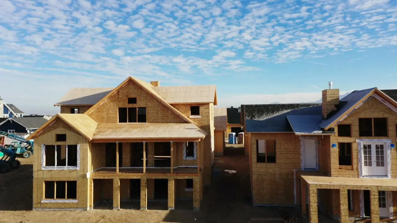 New homes under construction, framed and sheathed